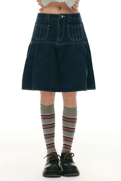 Pleated Denim A-Line Skirt