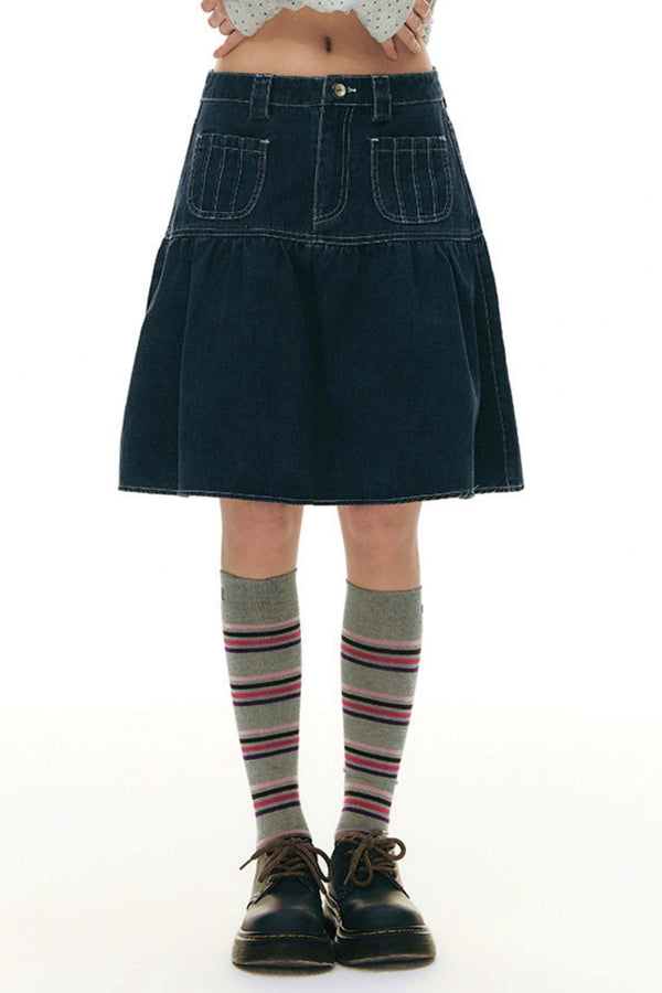 Pleated Denim A-Line Skirt