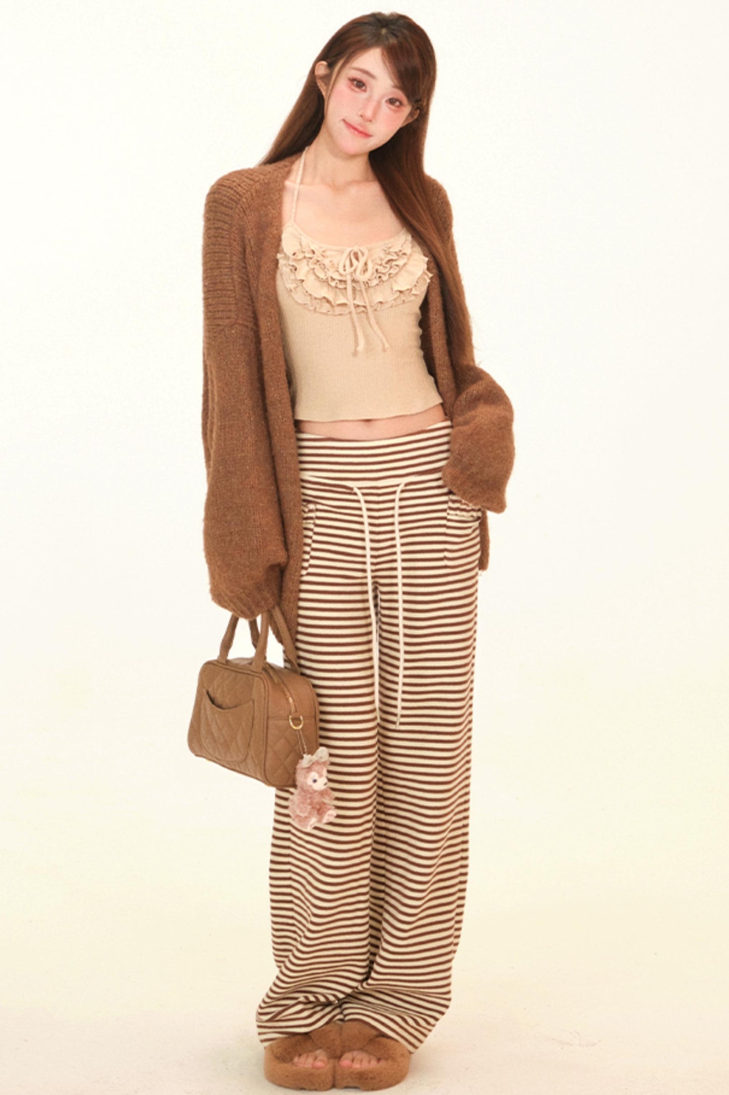 ソフトブラウンラッフルドニットカーディガン+トップス