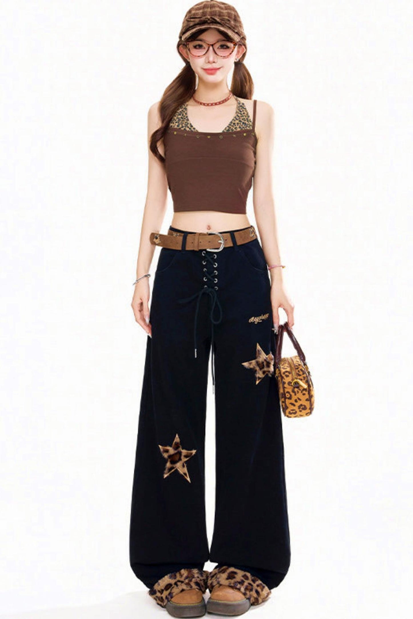 Leopard Star Wide Denim Pants