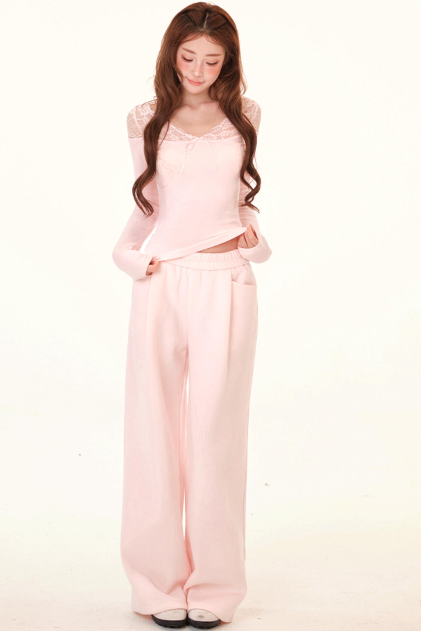 Brushed Lace Patchwork Blouse + Hem Sweatpants