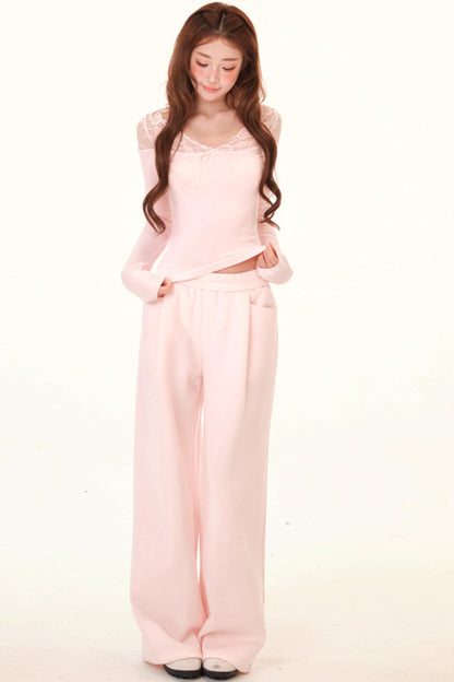 Brushed Lace Patchwork Blouse + Hem Sweatpants