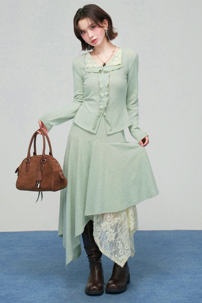 レースカラーニットトップス+アシメスカート