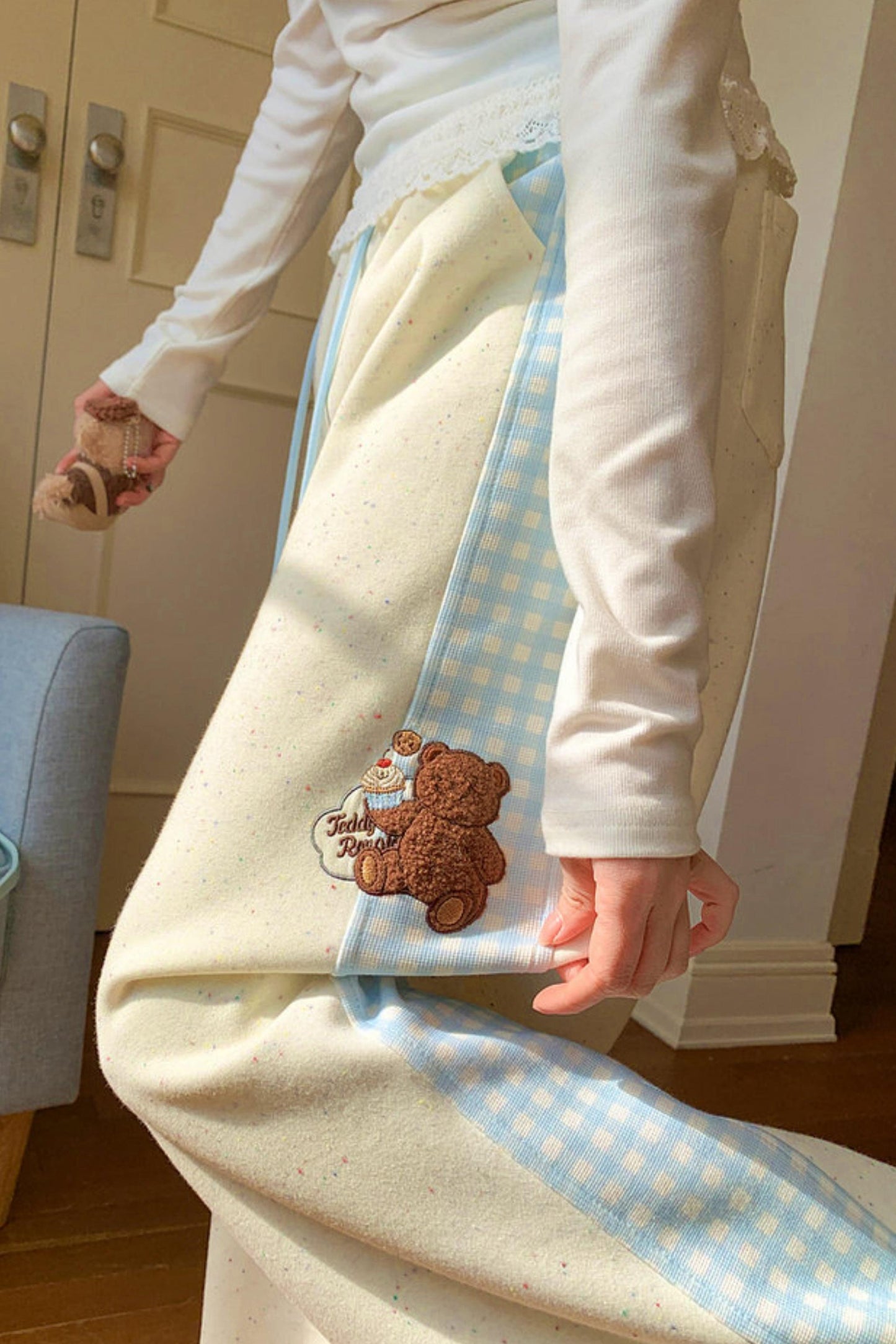 Bear Embroidery Plaid Pants