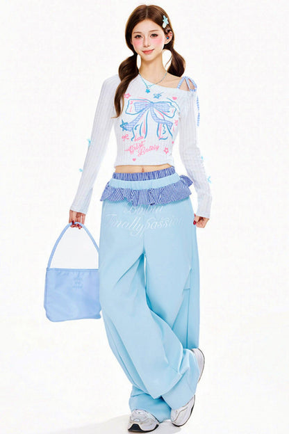 Check Ruffle Wide Leg Pants