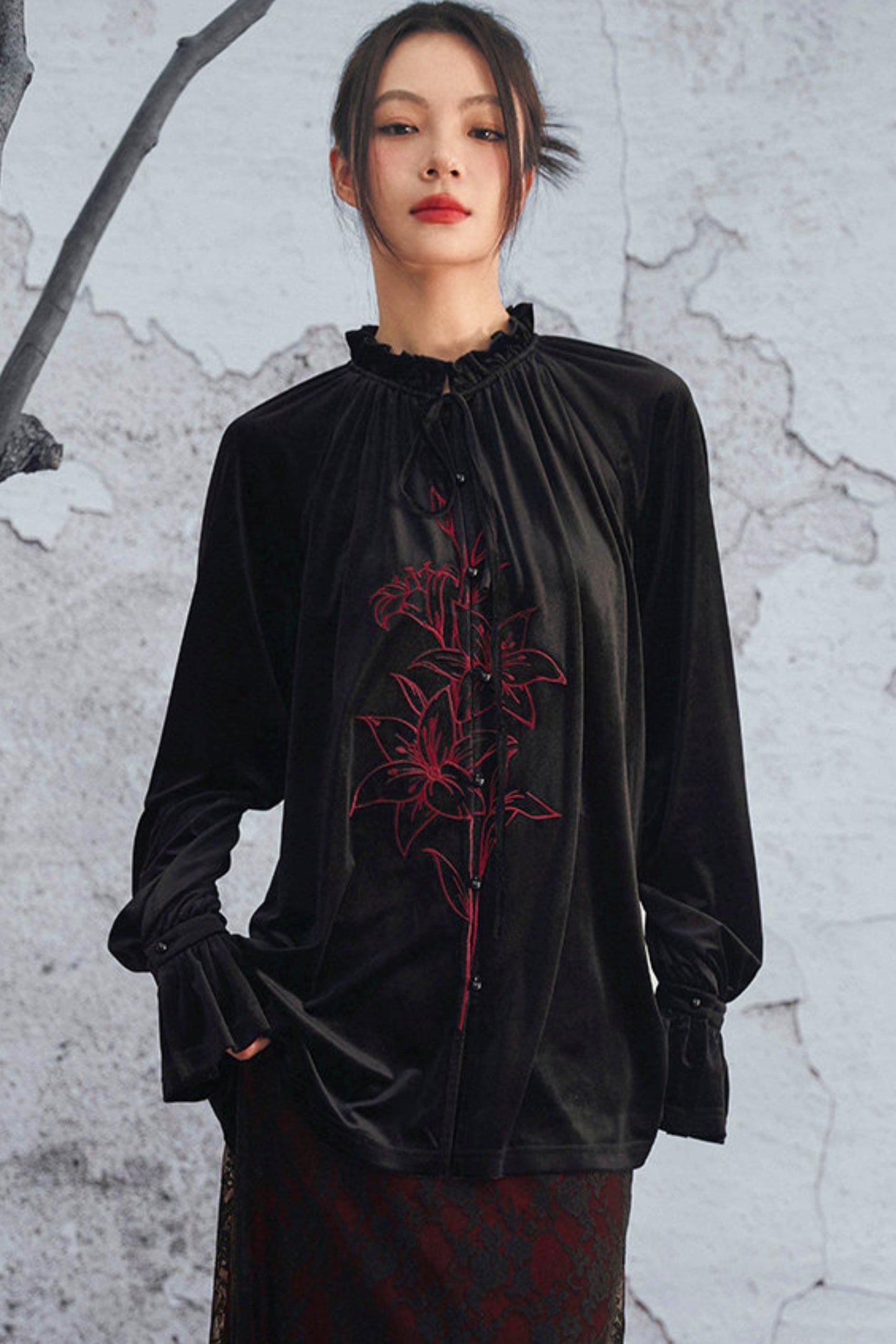 Black Velvet Lily Embroidered Blouse