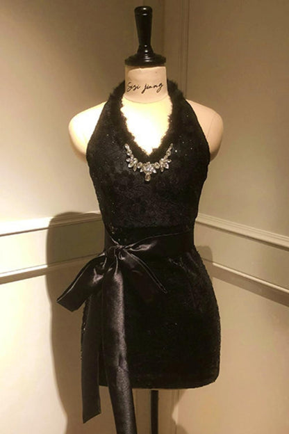 French mode tight dress + fur coat