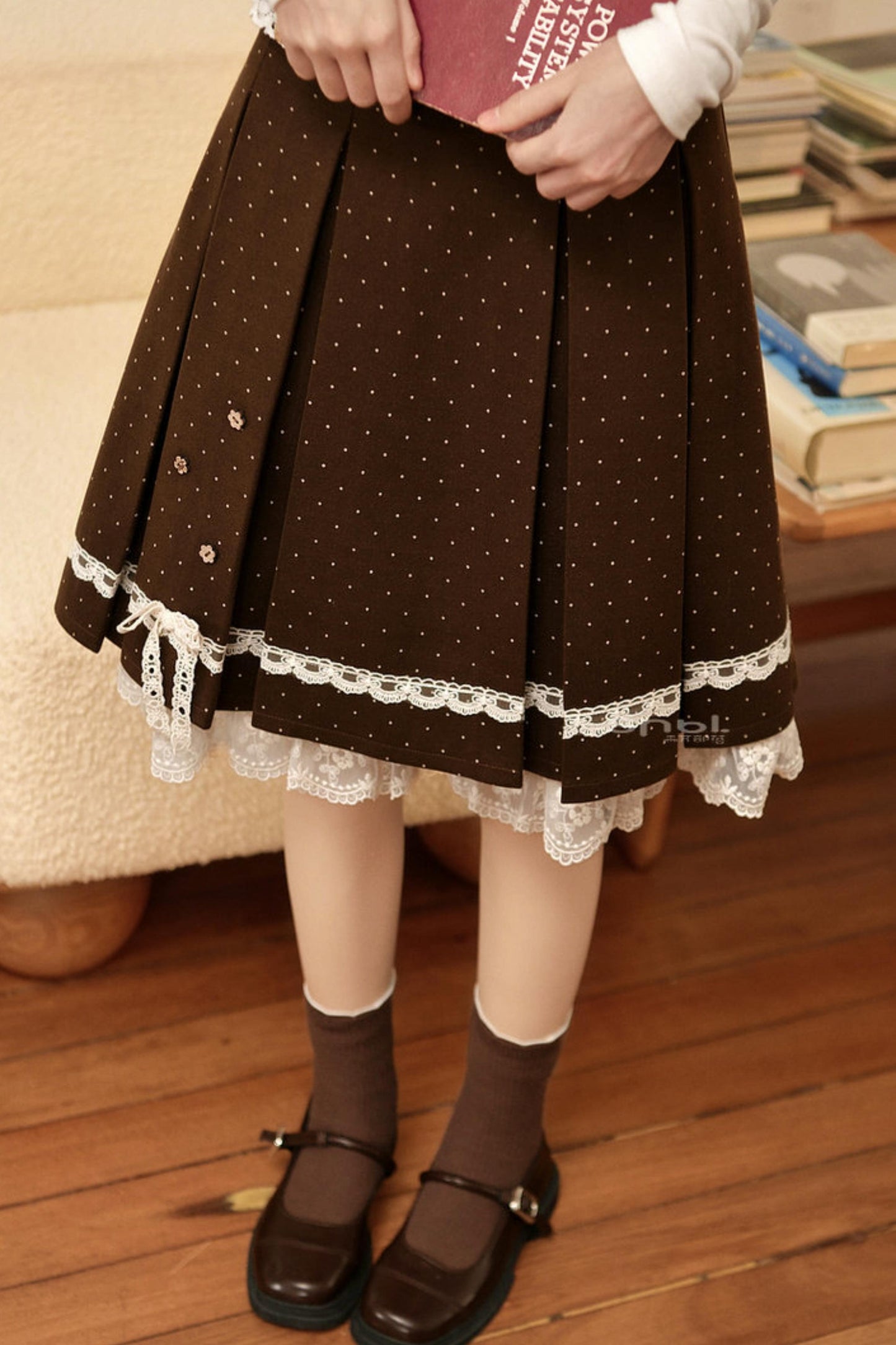 ブラウンポルカドットレーススカート