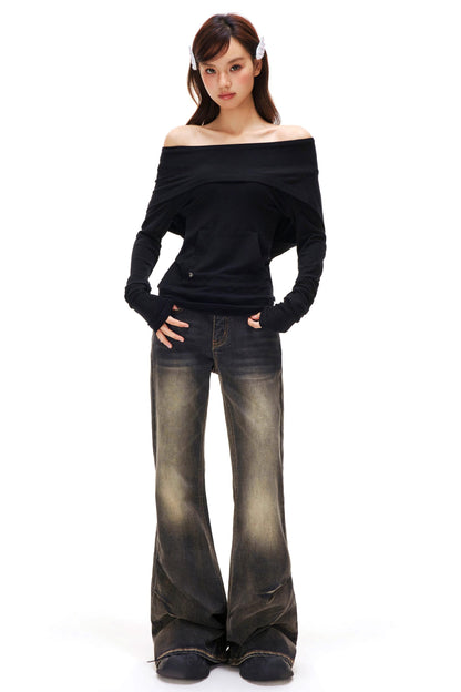 Off-Shoulder Slimming Hoodie Top