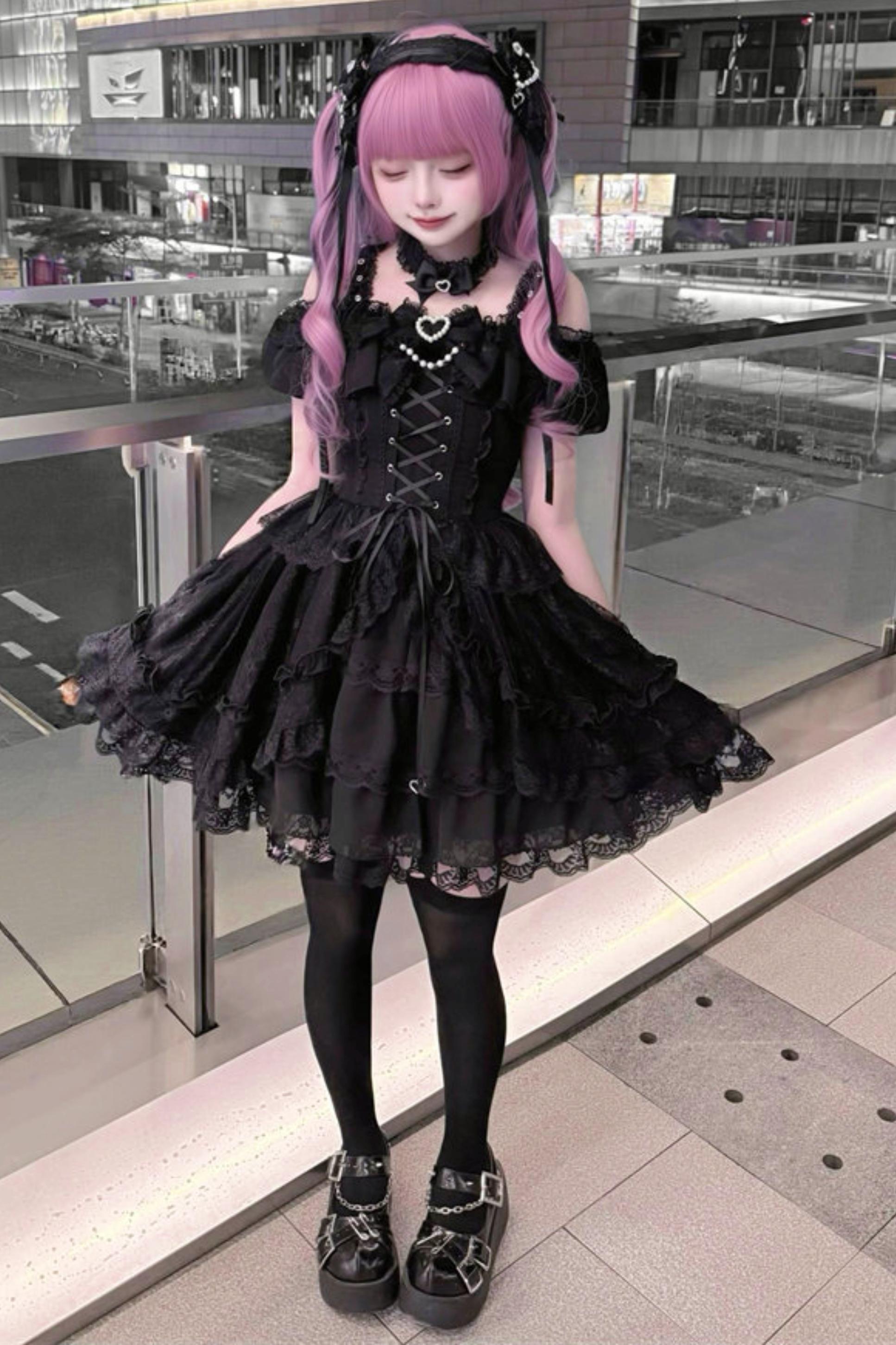 Off-Shoulder Dark Kawaii Lace Dress + Neck Ring Belchic Off-Shoulder Dark Kawaii Lace Dress + Neck Ring Belchic