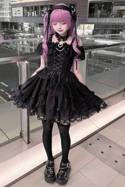 オフショルダー地雷レースドレス+ネックリング