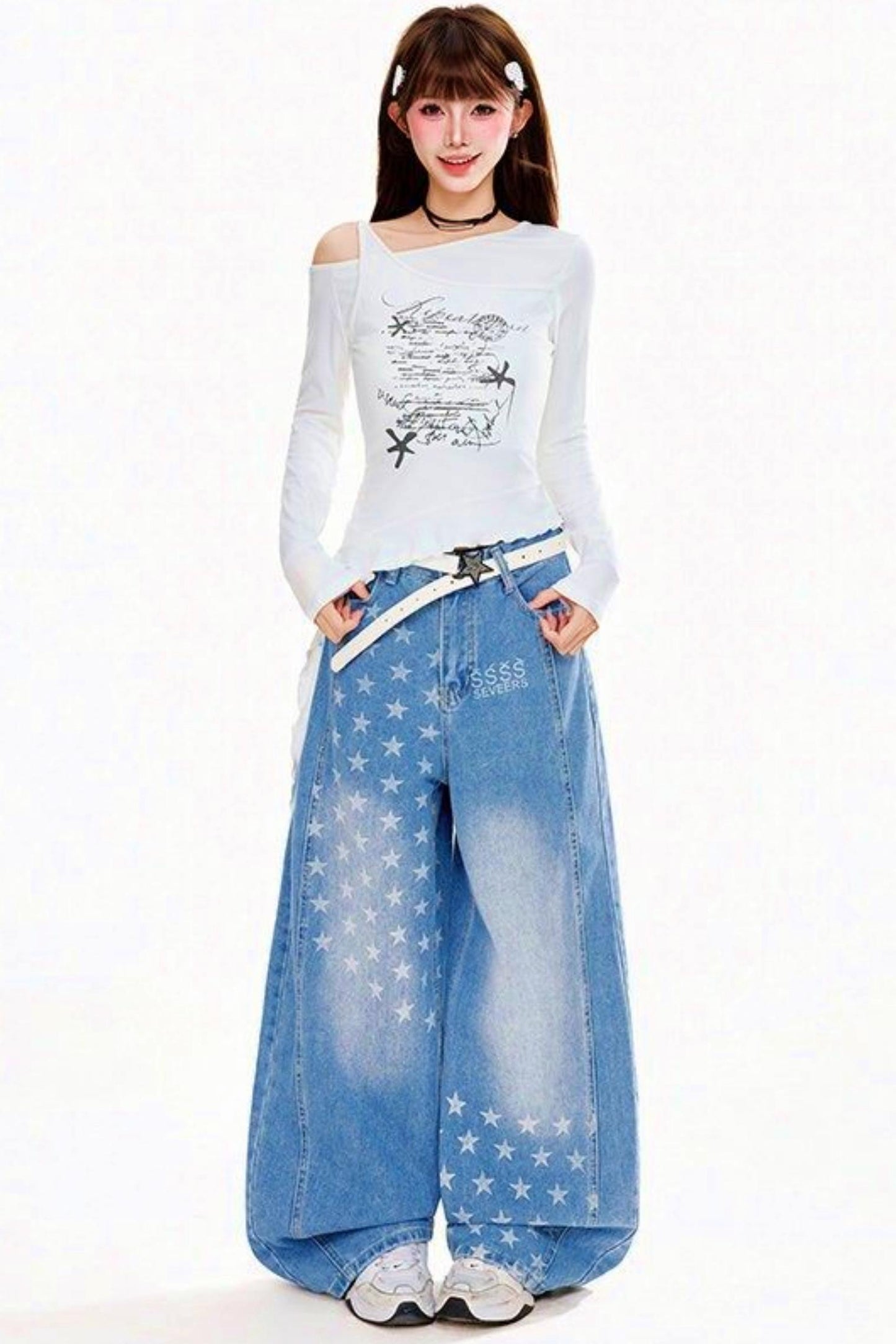 Retro Star Osh Design Wide Denim Pants