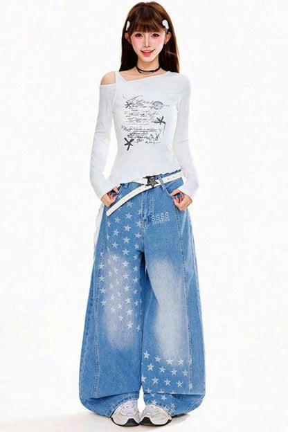 Retro Star Osh Design Wide Denim Pants