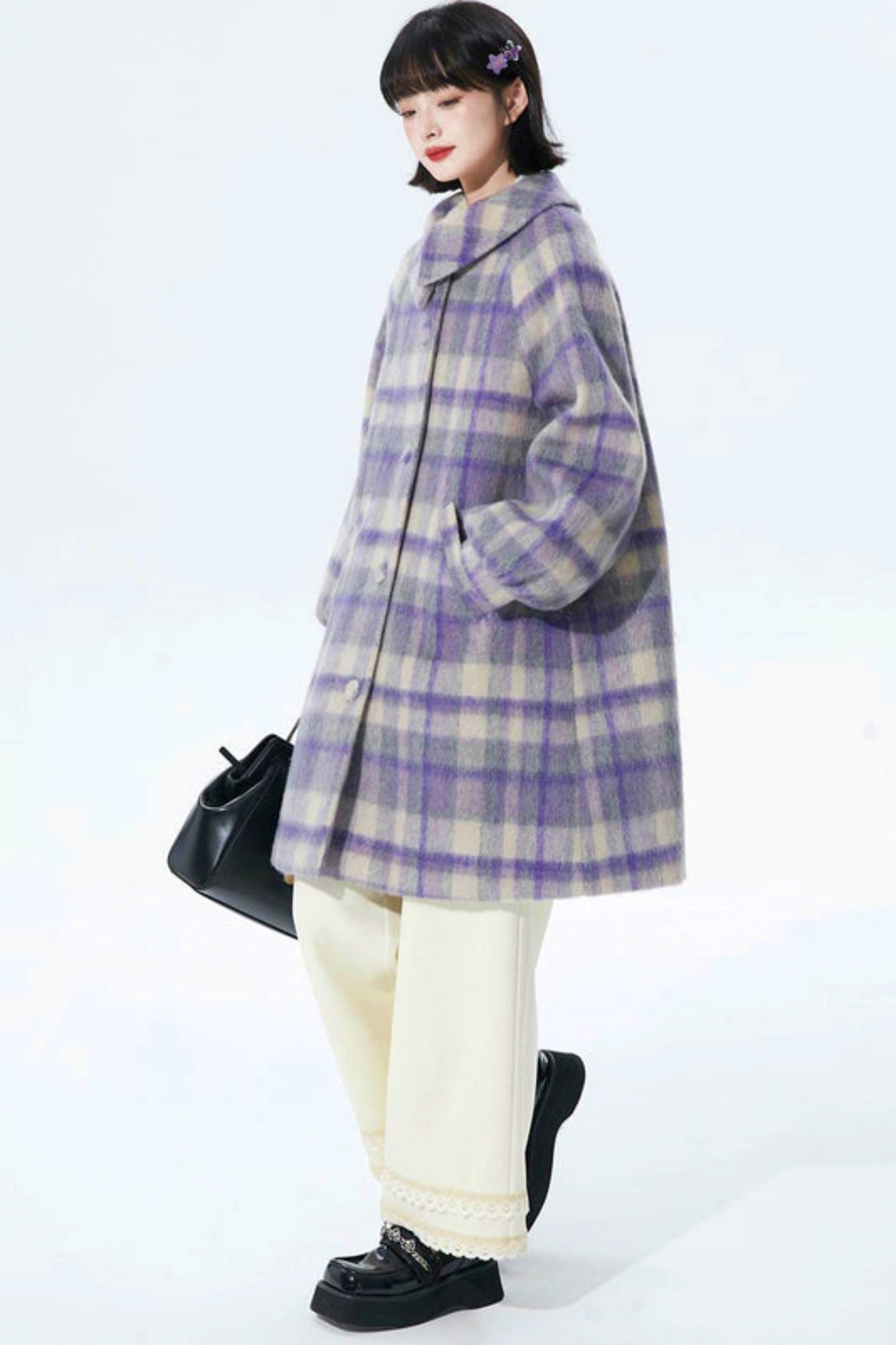 Purple Plaid Woolen Coat
