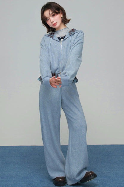 パッチワークプラッドフーデッドジャケットセットアップ