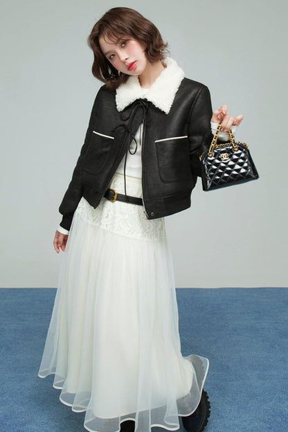 カラーブロックドシアリングコート