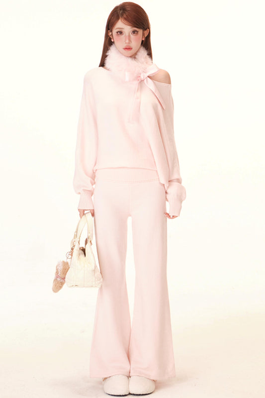 Pink Porcelain Off-Shoulder Sweater + Pants + Scarf