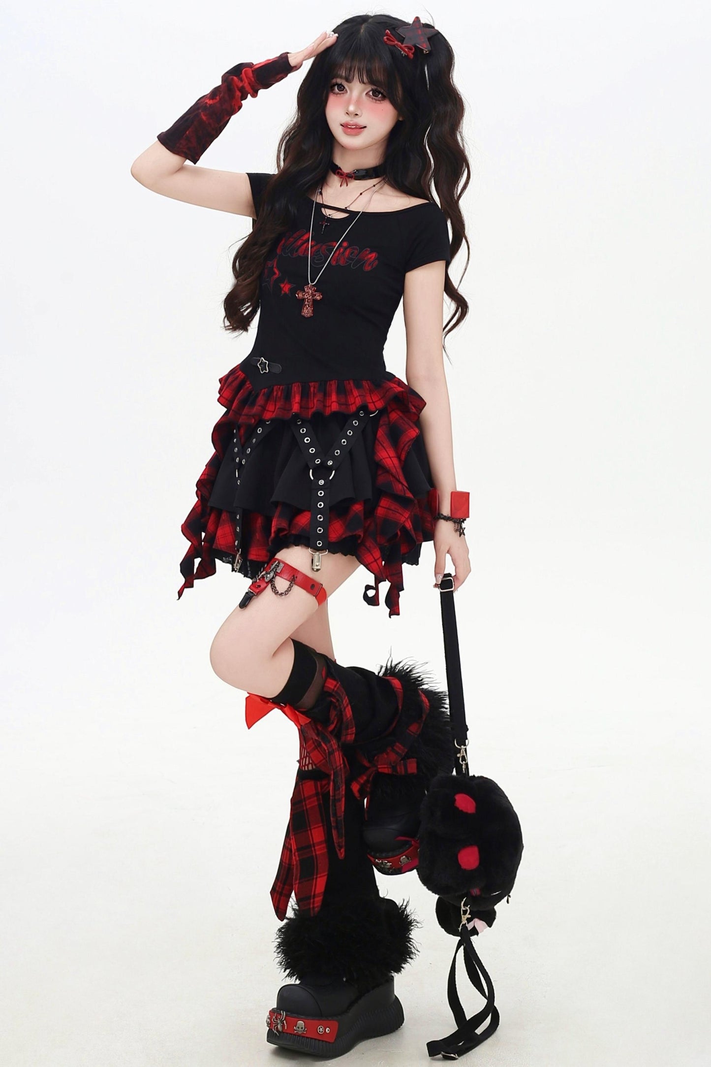 チェックリボンスリムTシャツセットアップ