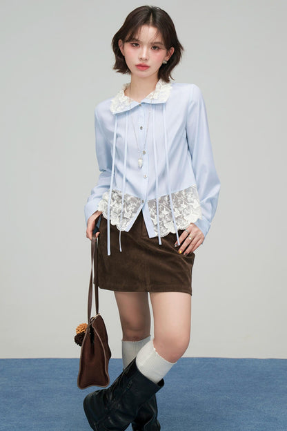 レースリボンラッフルドブラウス