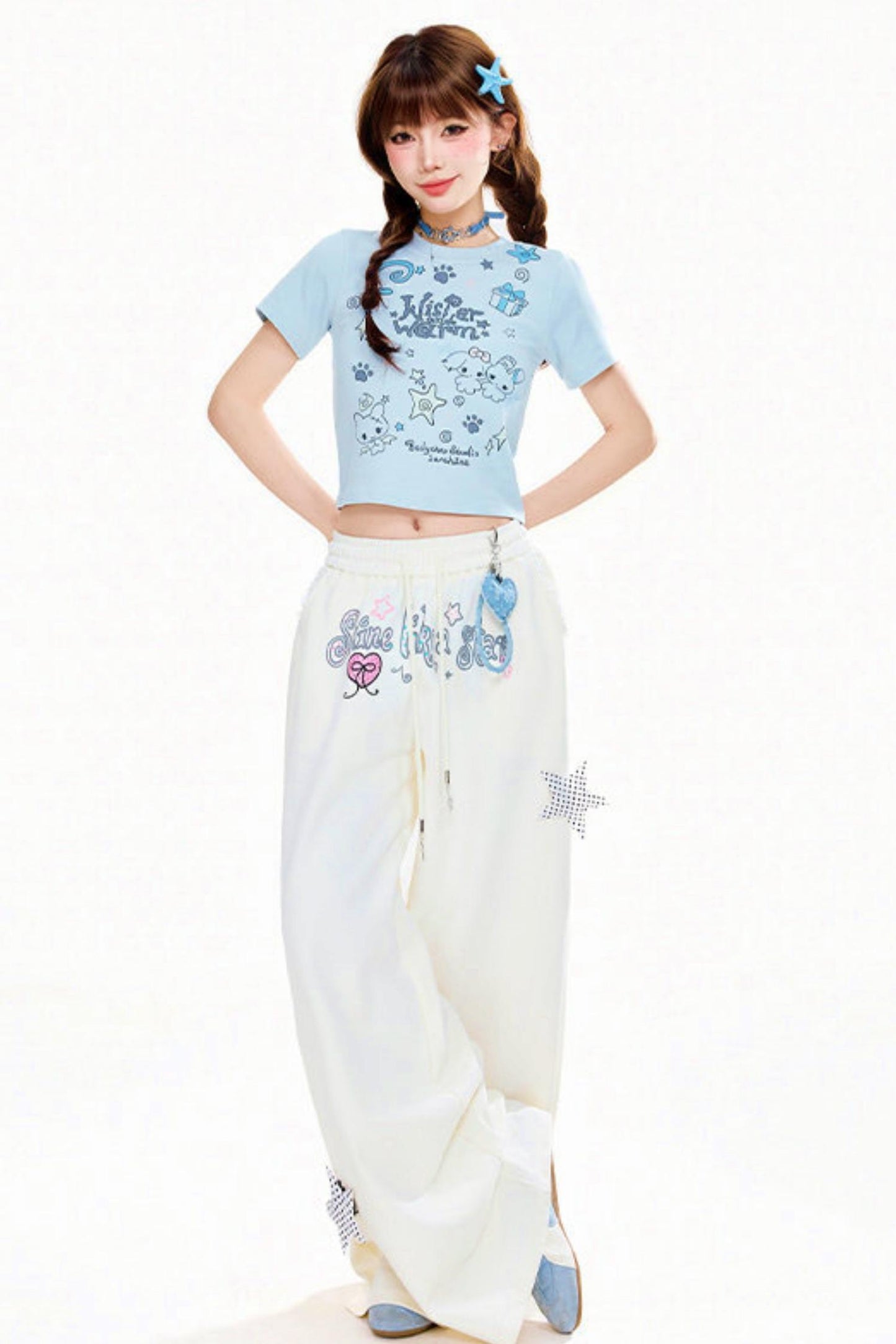 Star Decorated Wide Loose Pants