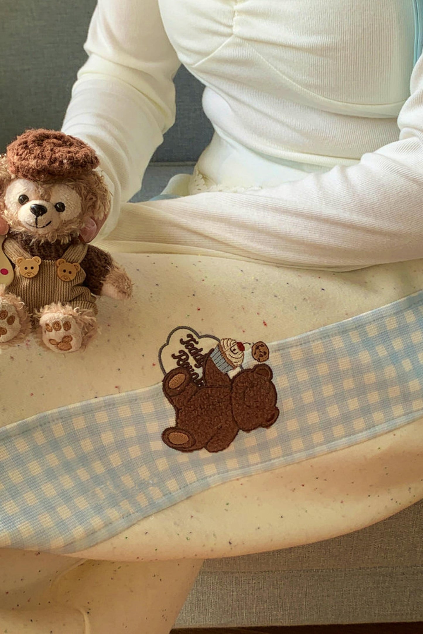 Bear Embroidery Plaid Pants