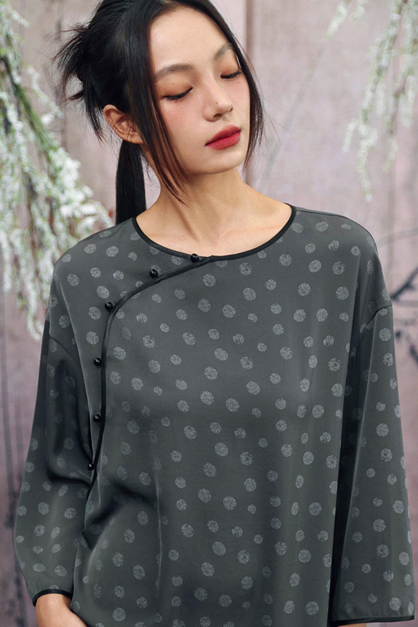 Dot Print Chinese Slit Long Dress
