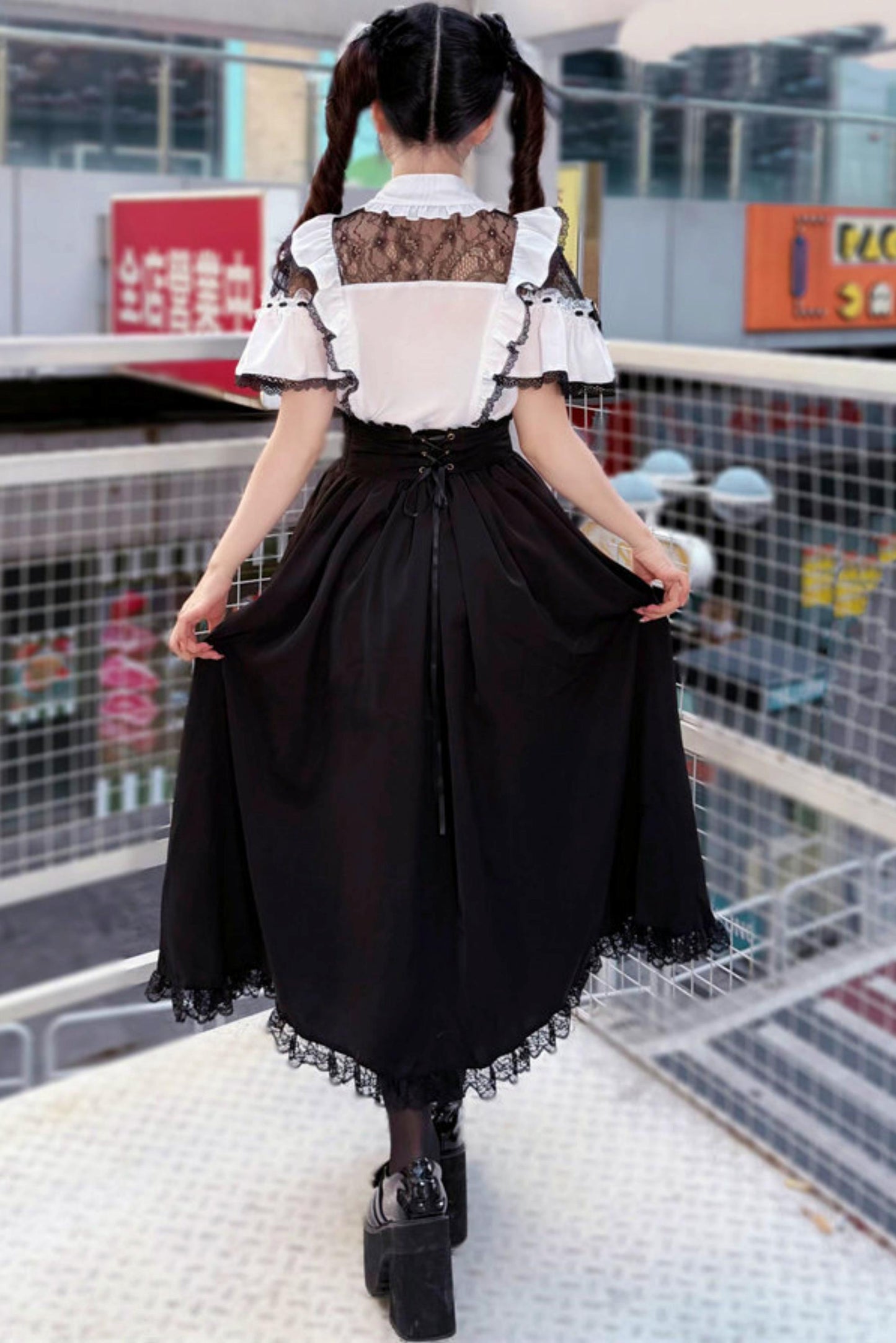 Elegant Lace Dark Kawaii Blouse + Heart Ring Long Skirt