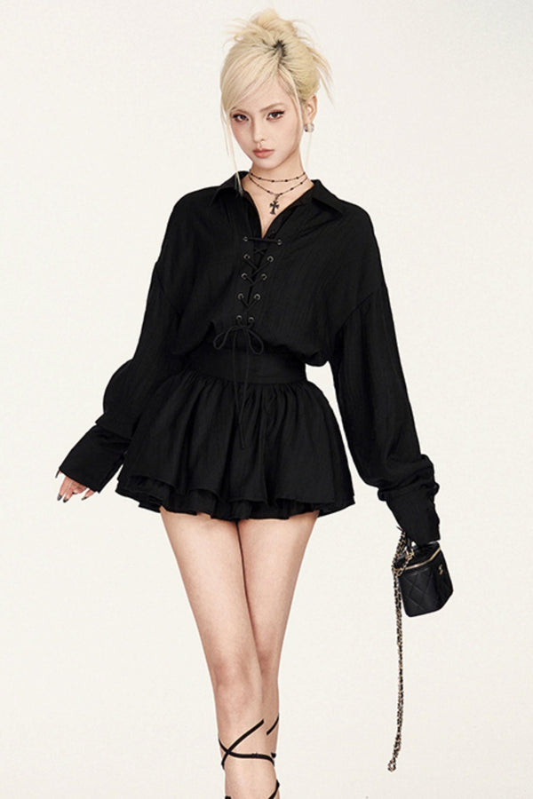 French Belt Shirt Skirt Set