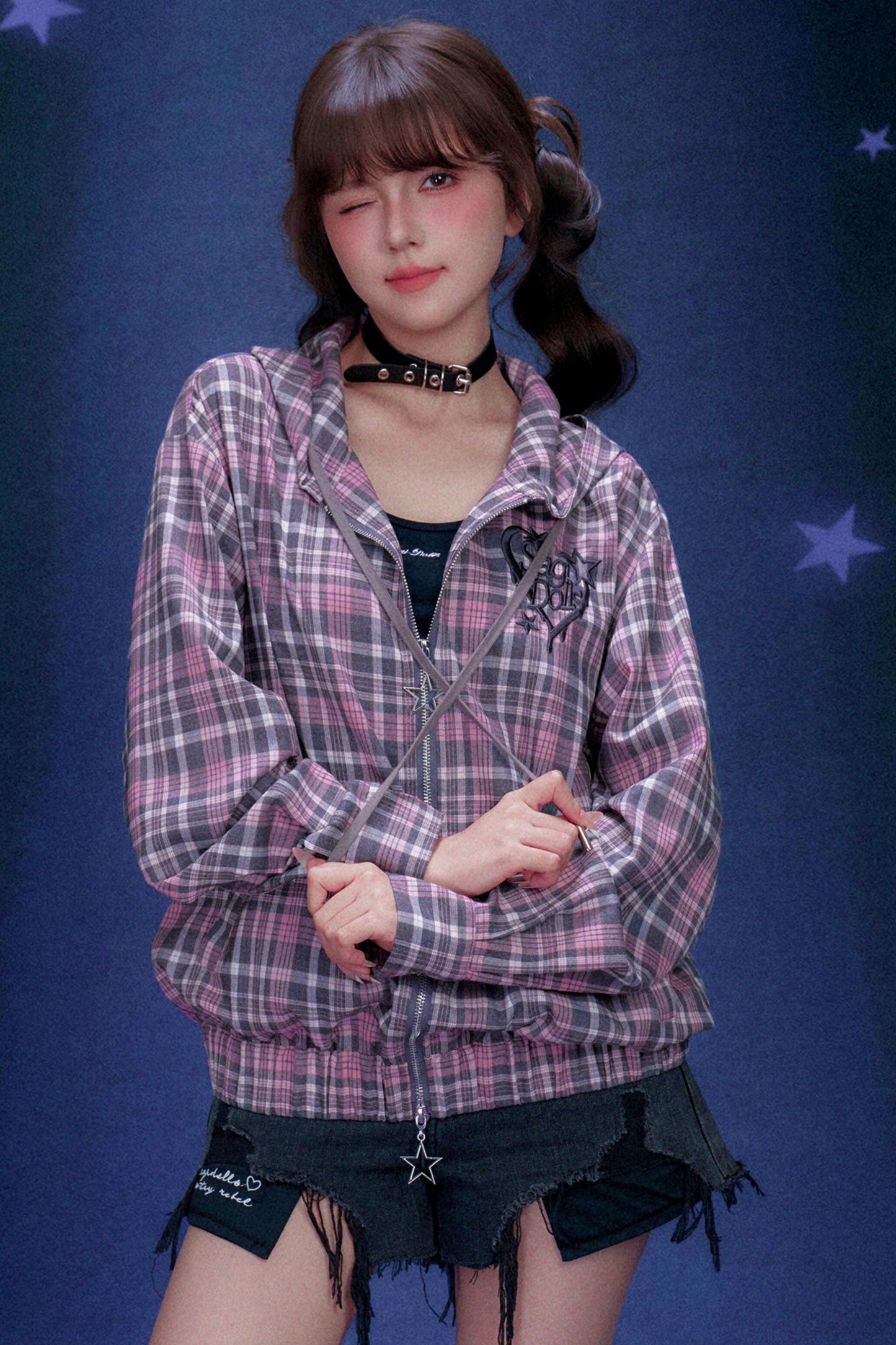 Rosa karierte Kapuzenjacke