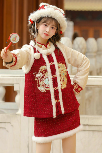Chinese Design Fur Vest + Skirt