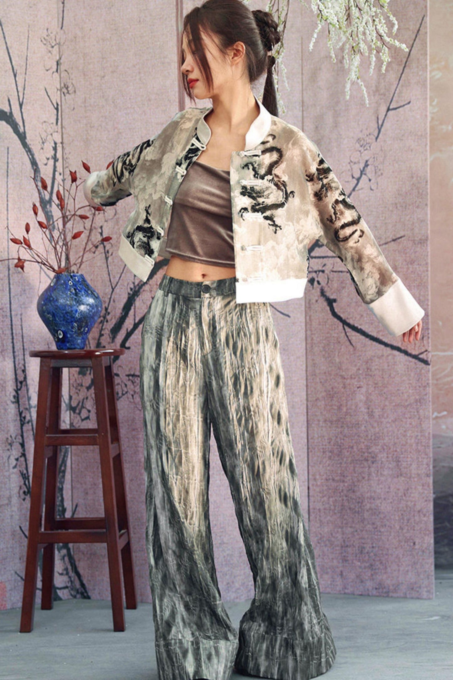 Gray Gradient Crinkled Wide Pants