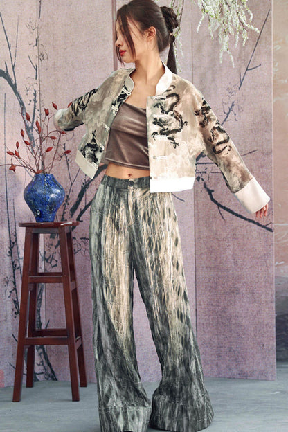 Gray Gradient Crinkled Wide Pants