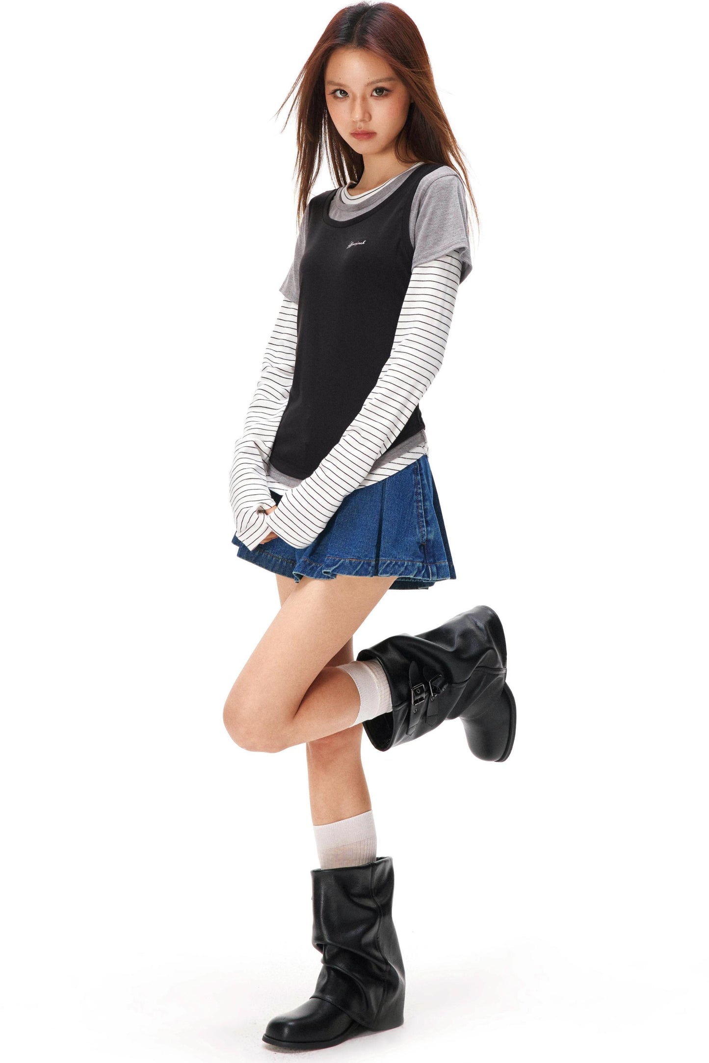 ストライプドパッチワークレイヤードトップス