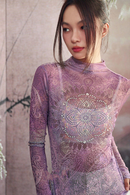Elegant Purple Paisley Sheer Top