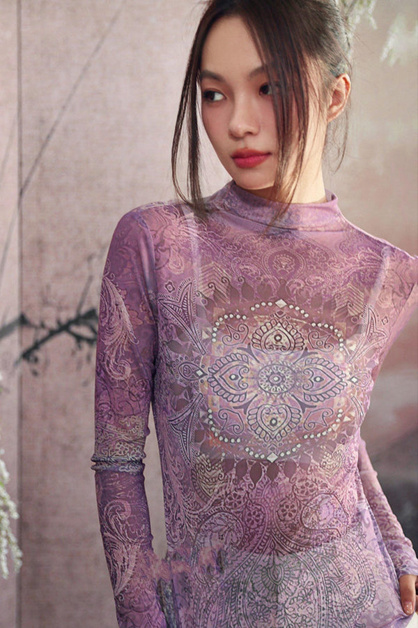 Elegant Purple Paisley Sheer Top