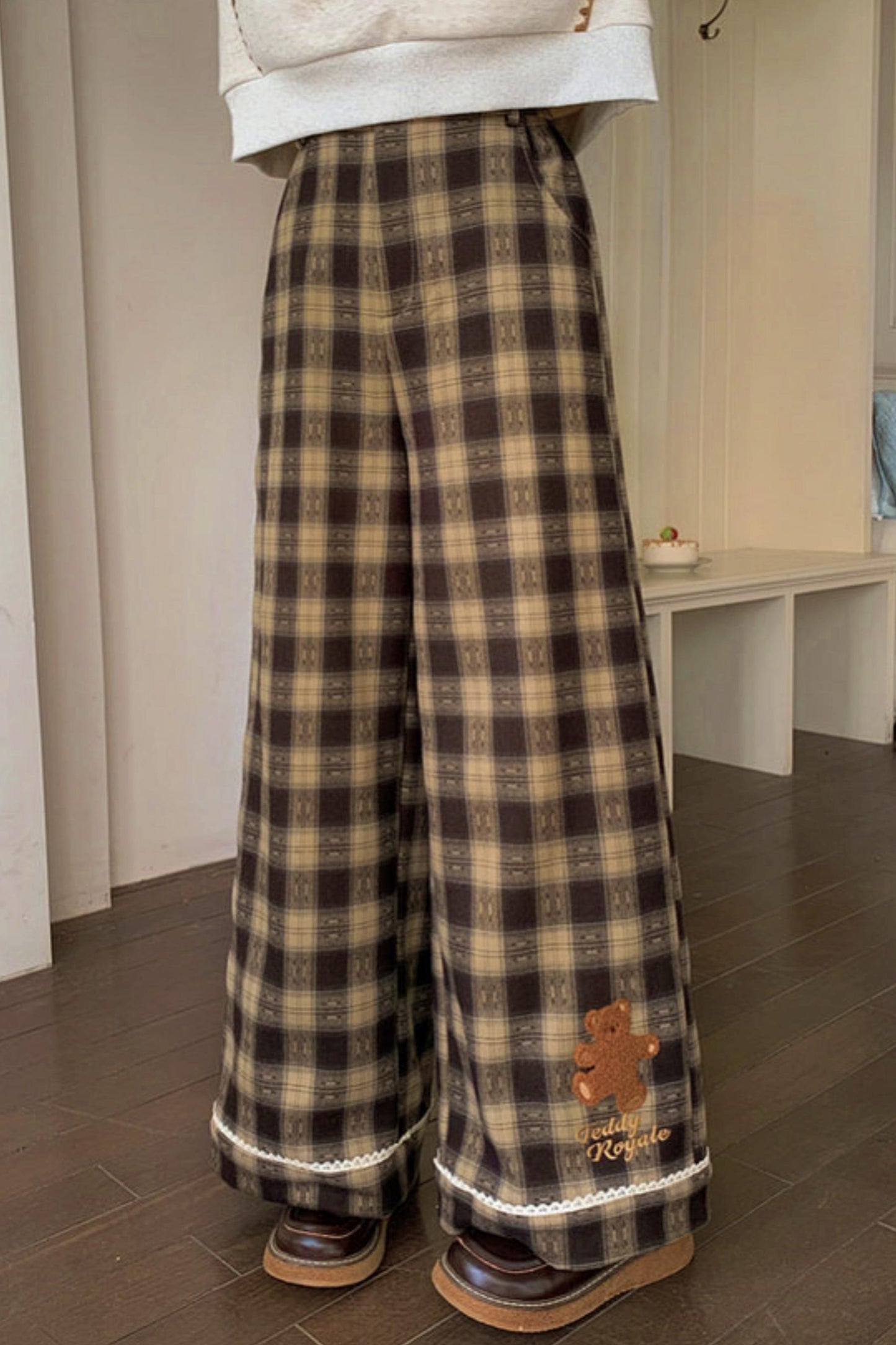 Fleece-Lined Wide Plaid Pants