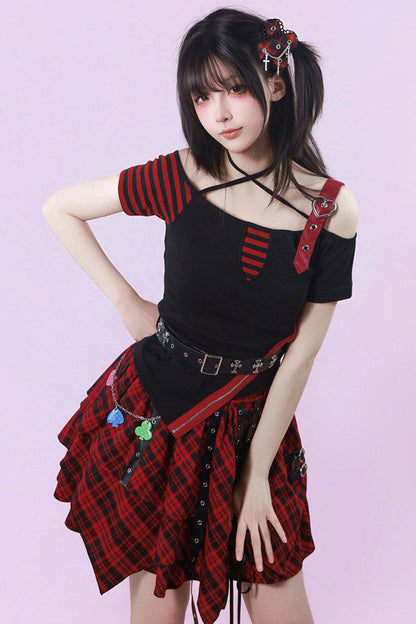 Heart Belt Off-Shoulder Punk Jirai Kei T-Shirt