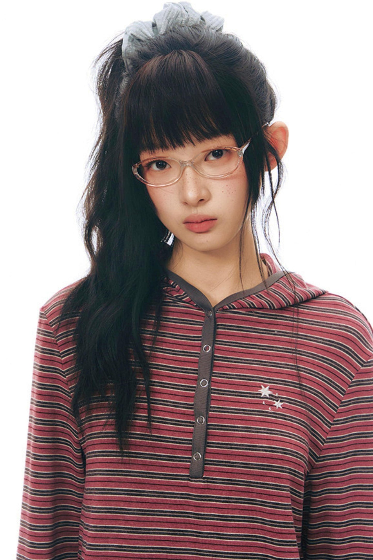 ストライプドフーデッドニットトップス