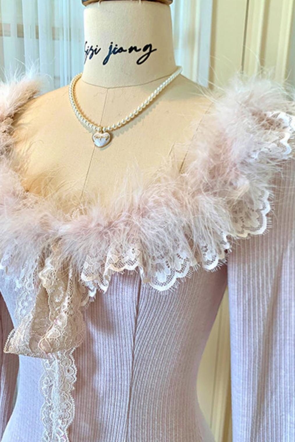 Lace Trimmed Feather Knit Dress