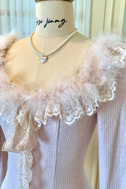 Lace Trimmed Feather Knit Dress