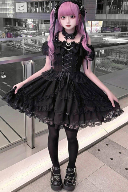 オフショルダー地雷レースドレス+ネックリング