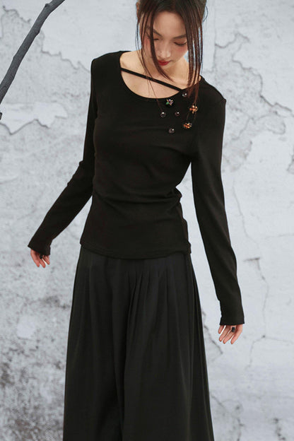 クリスタルボタンベルベットニットトップス