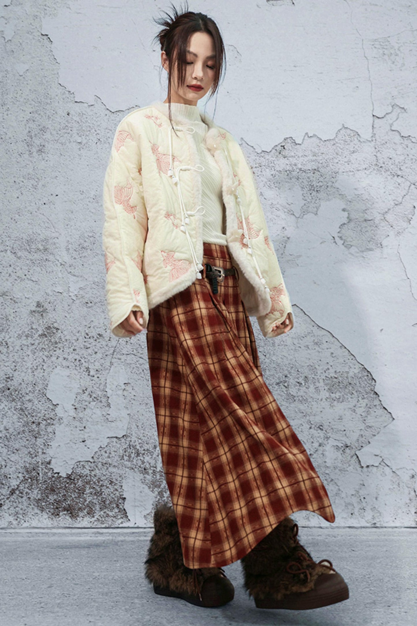 ダブルウエスティッドプラッドスカート