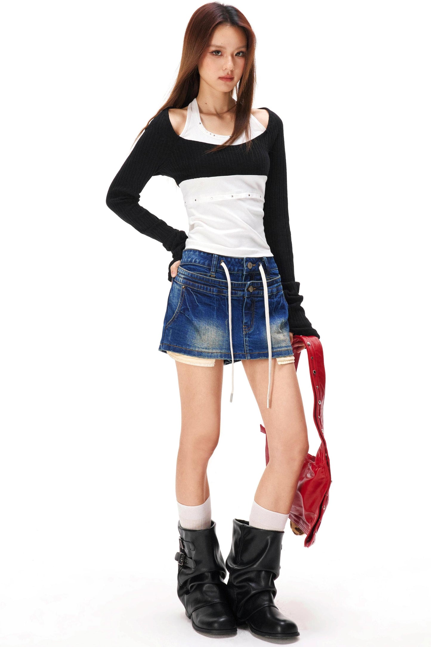 ラインストーンレイヤードニットトップス