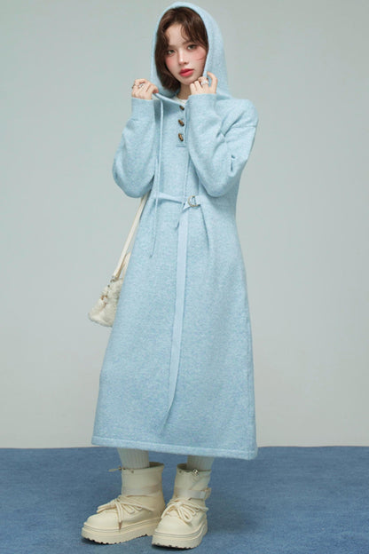 レイクブルーフーデッドニットドレス