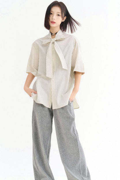 カジュアルストライプレースアップシャツ