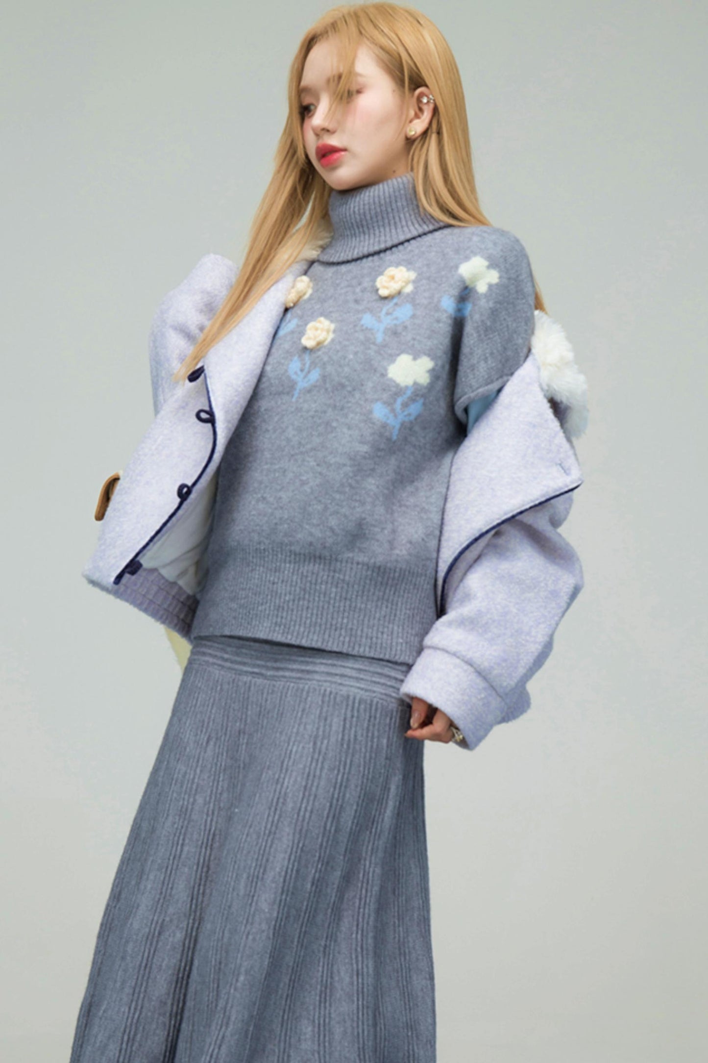 フローラルニットトップス+インナートップス+スカート