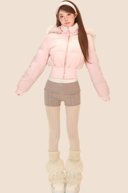 スノーベルベットフェザーフーデッドダウンジャケット