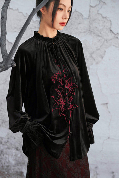 Black Velvet Lily Embroidered Blouse
