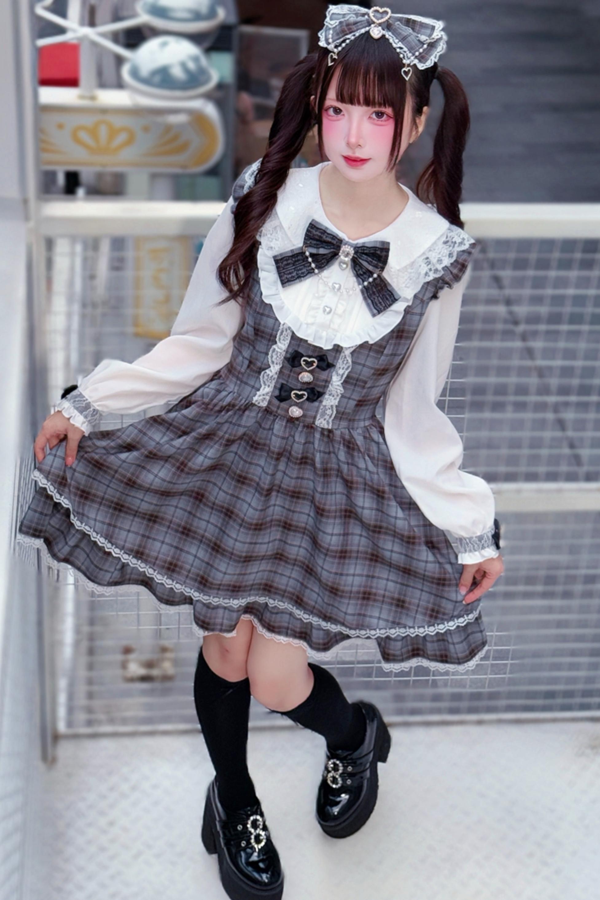 nogenki チェックリボンベルトフレアワンピース ダークグレー 量産型グレーチェックリボンワンピース – Belchic